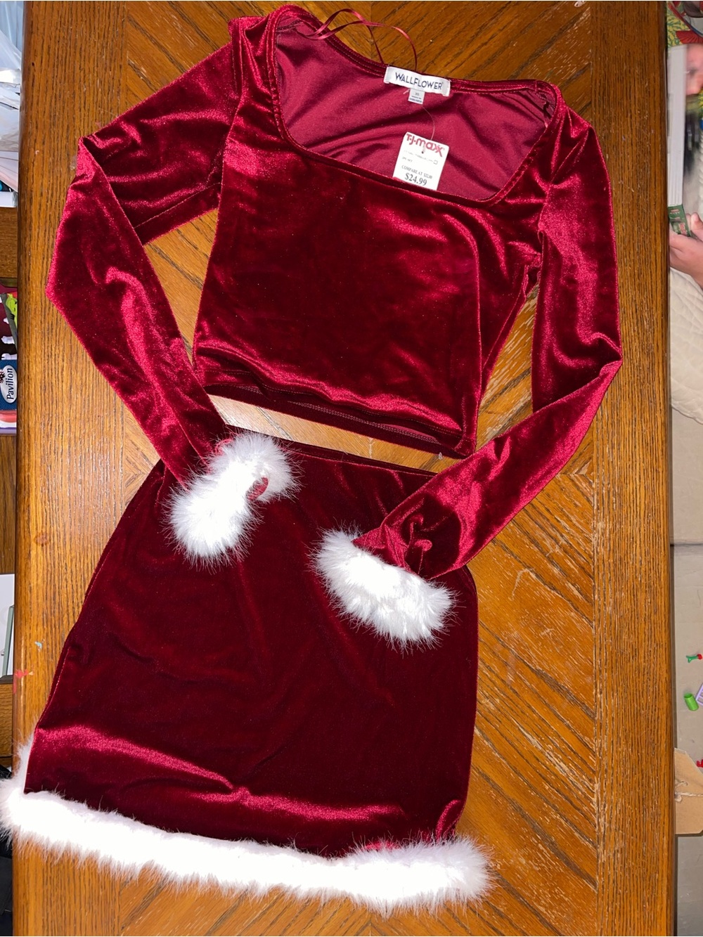 Wallflower Santa Outfit Burgundy Velvet Mini Skirt with White Faux-Fur Trim